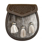 Semi Dress Sporran with Laser Etched Brown Leather Flap and Chrome Tassels