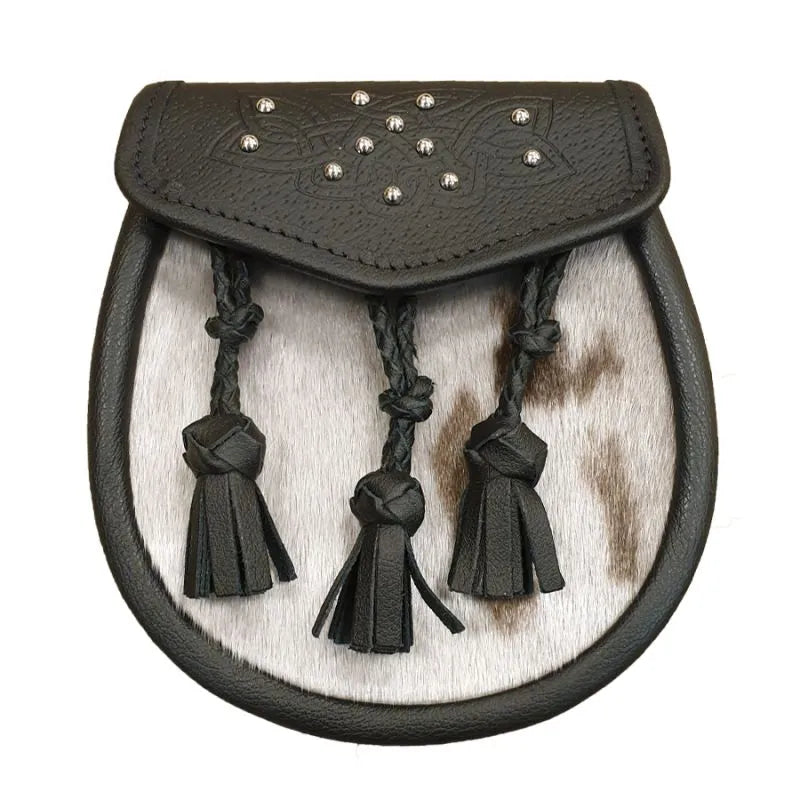 Semi Dress Sporran with Celtic Black Leather Flap and 3 Plaited Tassels