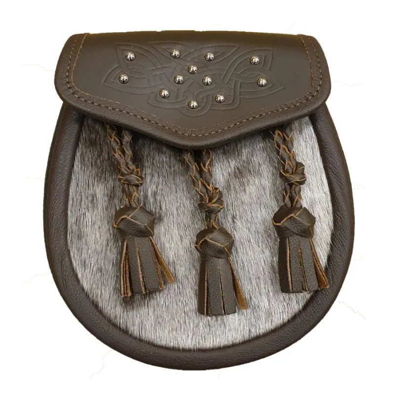 Semi Dress Sporran with Celtic Brown Leather Flap and 3 Plaited Tassels