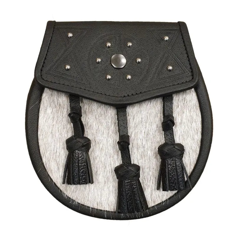 Pony Skin Semi Dress Sporran with Celtic Design Black Leather Flap and Tassels