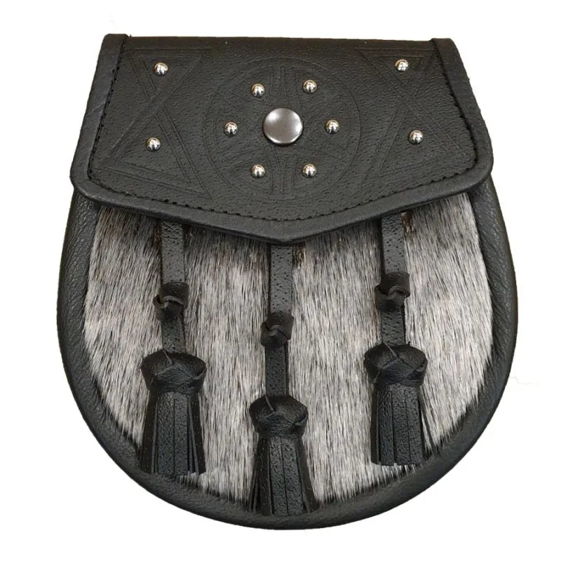 Seal Skin Semi Dress Sporran with Thistle on Black Leather and 3 Chrome Tassels