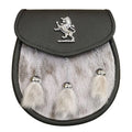 Seal Skin Semi Dress Sporran with Lion Rampant on Black Leather and 3 Chrome Tassels