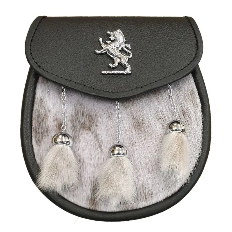 Seal Skin Semi Dress Sporran with Lion Rampant on Black Leather and 3 Chrome Tassels