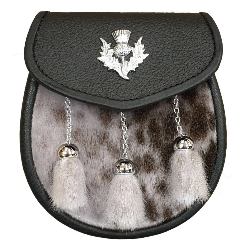 Seal Skin Semi Dress Sporran with Thistle on Black Leather and 3 Chrome Tassels