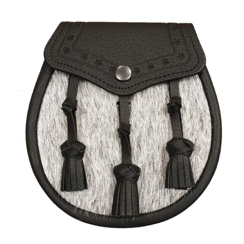 Pony Skin Semi Dress Sporran with Embossed Black Leather and 3 Leather Tassels