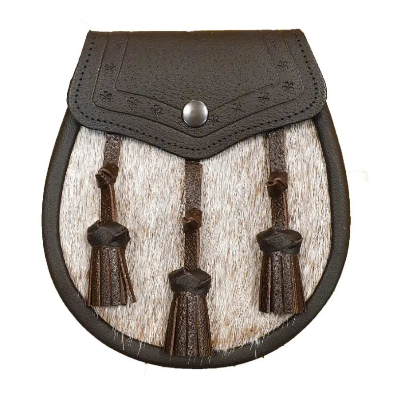 Pony Skin Semi Dress Sporran with Embossed Brown Leather and 3 Leather Tassels