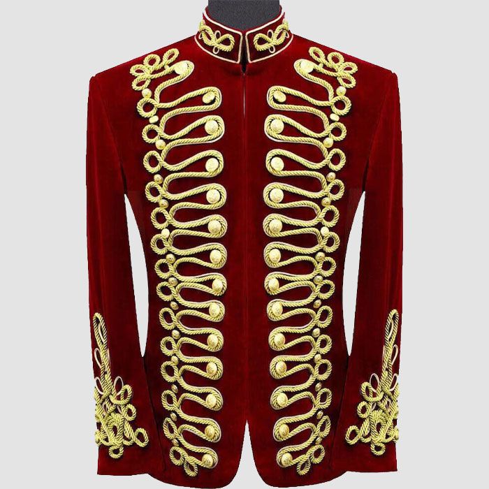Men Braided Red Velvet Jacket Military Gold Braided Jacket Hussar