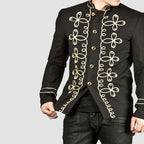 Gold Embroidery Black Military Napoleon Hook Jacket Cotton