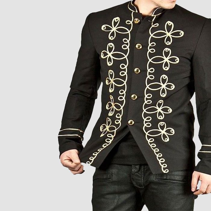 Gold Embroidery Black Military Napoleon Hook Jacket Cotton